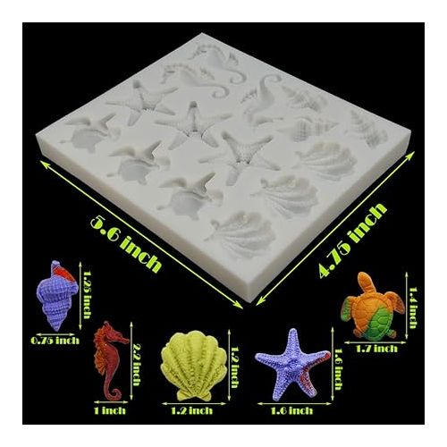  Marine Theme Fondant Silicone Molds, Seashell, Conch, Seahorse, Starfish, Tortoise Silicone Mold for Cake Decoration, Chocolate Candy Sugar Craft