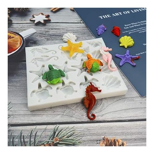  Marine Theme Fondant Silicone Molds, Seashell, Conch, Seahorse, Starfish, Tortoise Silicone Mold for Cake Decoration, Chocolate Candy Sugar Craft