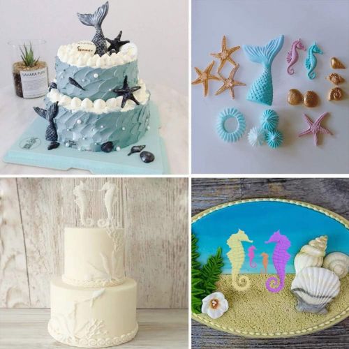  [아마존베스트]SAKOLLA Mermaid Theme Cake Fondant Mold - Seahorse Seashell Starfish Mermaid Tail Silicone Mold for Under The Sea Cake Decoration, Chocolate, Candy, Polymer Clay, Cupcake Decor, Su