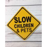 /SalmonCreekAntiques SLOW Children & Pets Mini Metal Yellow Caution Crossing Sign 6x6 or 12x12 NEW (2 sizes available)