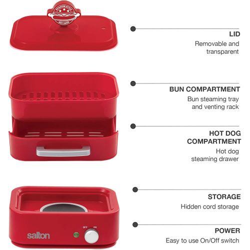  [아마존베스트]Salton Treats Steamer for Extra Large Authentic Stadium-Style Hot Dogs and Sausages, 8 Hot Dog and 4 Bun Capacity to Steam and Warm Breakfast Sausages, Brats, Vegetables, Fish, 350