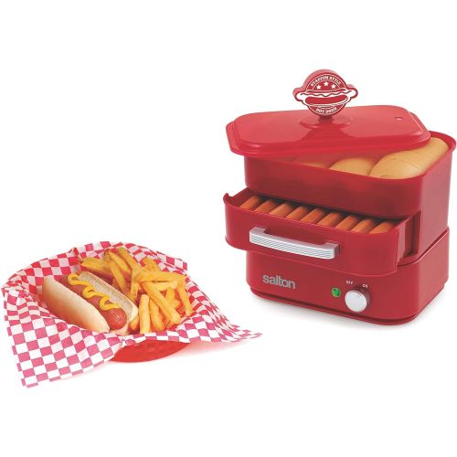  [아마존베스트]Salton Treats Steamer for Extra Large Authentic Stadium-Style Hot Dogs and Sausages, 8 Hot Dog and 4 Bun Capacity to Steam and Warm Breakfast Sausages, Brats, Vegetables, Fish, 350