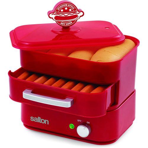  [아마존베스트]Salton Treats Steamer for Extra Large Authentic Stadium-Style Hot Dogs and Sausages, 8 Hot Dog and 4 Bun Capacity to Steam and Warm Breakfast Sausages, Brats, Vegetables, Fish, 350