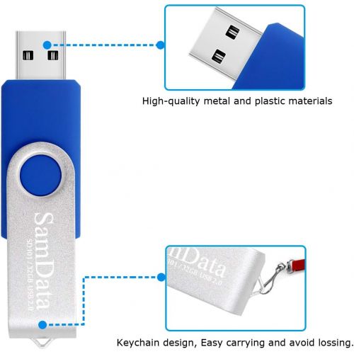  SamData USB 2.0 Flash Drive 32GB, 3 Pack Thumb Drive Swivel Memory Stick External Storage (3 Colors: Blue Green Red)