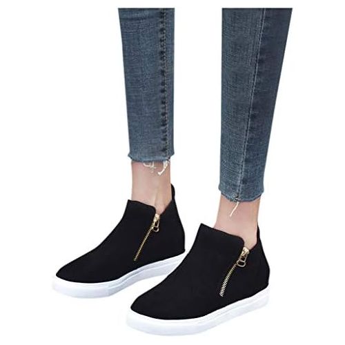  Sameno Street Sneakers SamenoSt. Wedge Sneakers for Women Platform Ankle Booties Flock Leather High Top Side Zipper Casual Walking Shoes Boots