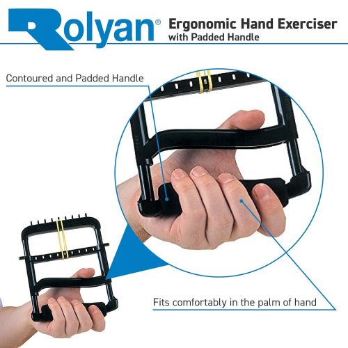  Sammons Preston Rolyan Ergonomic Hand Exerciser with Padded Handle, Adjustable Squeeze Tool, 4 Pairs of Rubber Bands for Progressive Resistance, Improves Hand Grip Strength in Fingers, Hand, & Thu