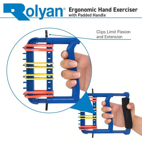  Sammons Preston Rolyan Ergonomic Hand Exerciser with Padded Handle, Adjustable Squeeze Tool, 4 Pairs of Rubber Bands for Progressive Resistance, Improves Hand Grip Strength in Fingers, Hand, & Thu