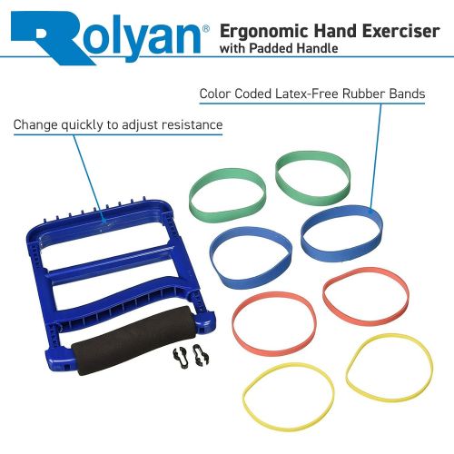  Sammons Preston Rolyan Ergonomic Hand Exerciser with Padded Handle, Adjustable Squeeze Tool, 4 Pairs of Rubber Bands for Progressive Resistance, Improves Hand Grip Strength in Fingers, Hand, & Thu