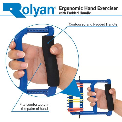  Sammons Preston Rolyan Ergonomic Hand Exerciser with Padded Handle, Adjustable Squeeze Tool, 4 Pairs of Rubber Bands for Progressive Resistance, Improves Hand Grip Strength in Fingers, Hand, & Thu