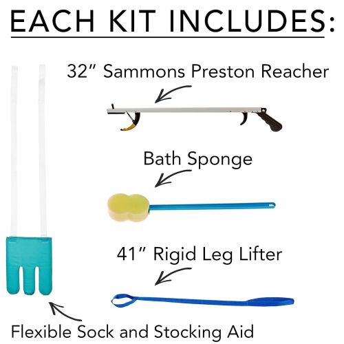  Sammons Preston Hip Kit 9, Four Essential Assisted Daily Living Aids for Limited Mobility, Includes 32 Reacher Claw, Flexible Sock Aid, Rigid Leg Lifter, and Contoured Bath Sponge