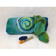 Samsala Spring water - Felted Waldorf Crayon Roll, Crayon Wrap, Stockman Beeswax Holder, Crayon Present, Crayon Box, Crayon Rollup, Leaf String