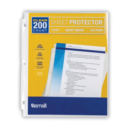  Samsill 200 Clear Heavyweight Sheet Protectors, Reinforced 3 Hole Design Plastic Page Protectors, Archival Safe, Top Load for 8.5 x 11 Inch Sheets, Box of 200