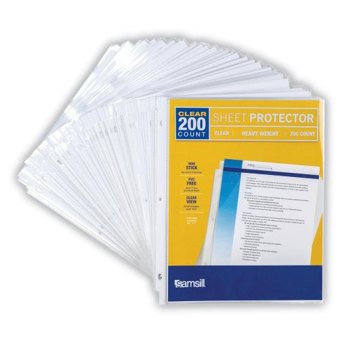  Samsill 200 Clear Heavyweight Sheet Protectors, Reinforced 3 Hole Design Plastic Page Protectors, Archival Safe, Top Load for 8.5 x 11 Inch Sheets, Box of 200