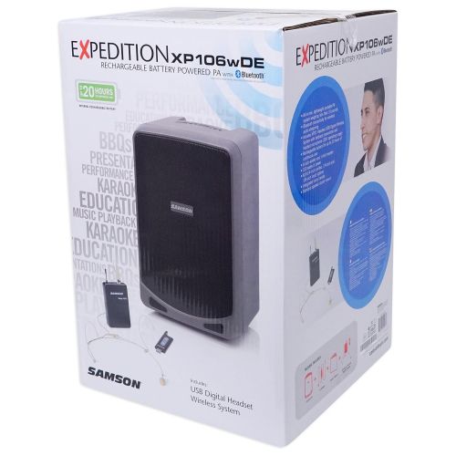  Samson Technologies SAMSON XP106WDE 6 Rechargeable Bluetooth PA DJ Speaker+Stand+Headset+Peavey Mic