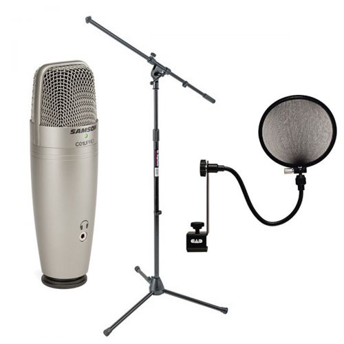  Samson Technologies Samson C01U Pro USB Studio Condenser Microphone + On Stage MS7701B Euro Boom Microphone Stand+ 15A Pop Filter on 15-Inch Gooseneck