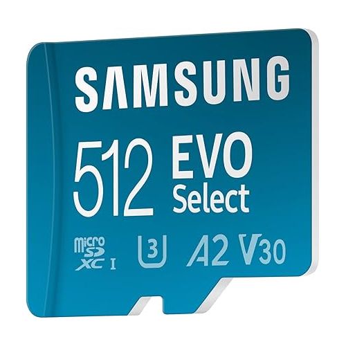 삼성 SAMSUNG EVO Select Micro SD-Memory-Card + Adapter, 512GB microSDXC 130MB/s Full HD & 4K UHD, UHS-I, U3, A2, V30, Expanded Storage for Android Smartphones, Tablets, Nintendo-Switch (MB-ME512KA/AM)