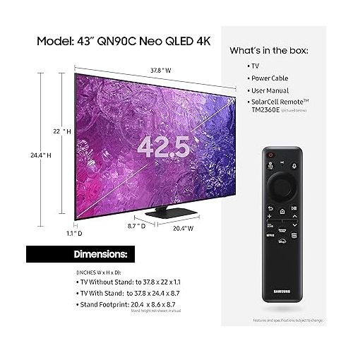 삼성 SAMSUNG 43-Inch Class Neo QLED 4K QN90C Series Neo Quantum HDR, Dolby Atmos, Object Tracking Sound Lite, Anti-Glare, Gaming Hub, Q-Symphony, Smart TV with Alexa Built-in (QN43QN90C, 2023 Model)