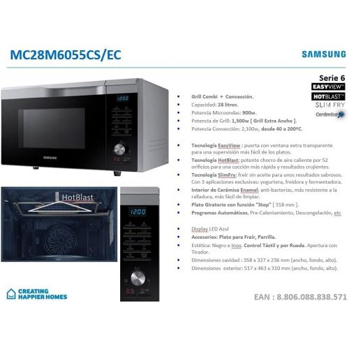 삼성 Samsung Mc28M6055Cs/EcMikrowellenherd mit Grill, 28l, innen aus Keramik, EasyView-Fenster und Backofen -Funktion bis 200°C, 2100W, Grau