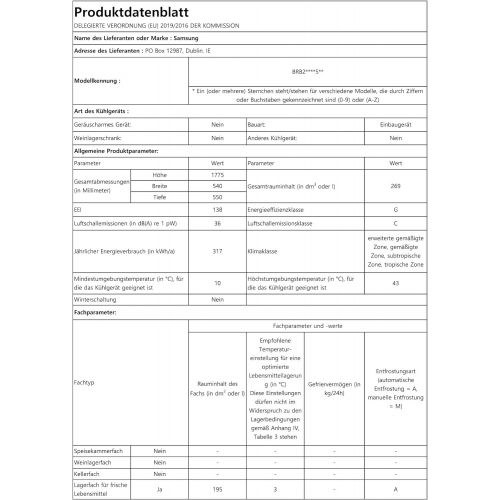 삼성 Samsung BRB2G0135WW/EG Kuehl-Gefrier-Kombination (Gefrierteil unten - Einbau)/ 54 cm /Space Max