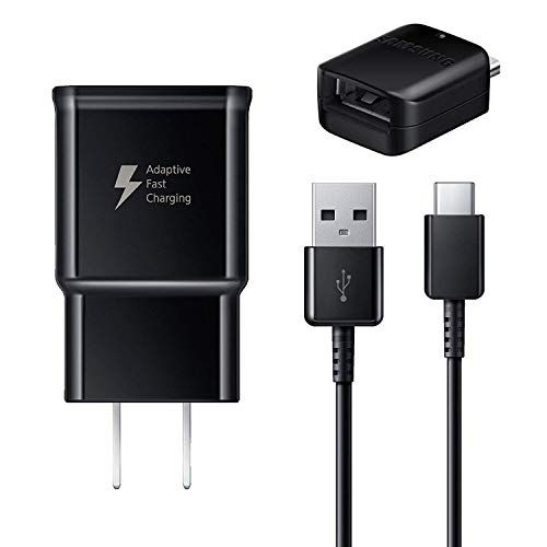 삼성 Samsung Fast Adaptive Wall Adapter Charger Plug Compatible for Galaxy S10 S9 Plus Note 9 S8 Note 8 EP-TA20JBE - 6 Foot Type C USB Cable and OTG Adapter - Black