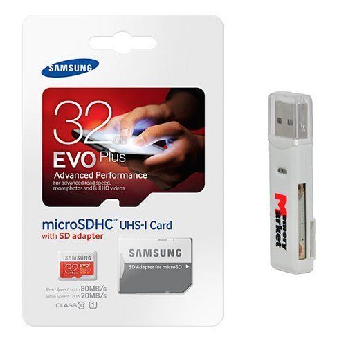 삼성 Samsung Evo Plus 32GB MicroSD HC Class 10 UHS1 Mobile Memory Card for Galaxy A8 A7 Tab A E 3V 9.7 8.0 inch V Plus J5 Grand Neo Plus Max Xcover 3 J1 Z1 with MemoryMarket MicroSD & S