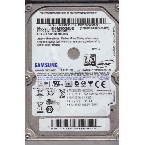 삼성 HN-M500MBB, HN-M500MBB, REV A, Samsung 500GB SATA 2.5 Hard Drive