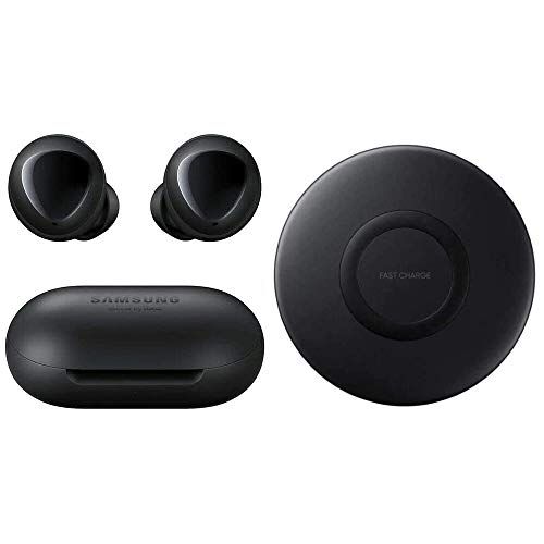 삼성 Samsung Galaxy Buds 2019, Bluetooth True Wireless Earbuds (Wireless Charging Case Included), Black - International Version, No Warranty (Buds + Fast Wireless Charging Pad Bundle, B