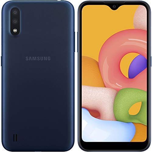 삼성 Samsung Galaxy A01 (16GB, 2GB RAM) 5.7 Infinity-V, Dual Rear Camera, Snapdragon 439, US & Global 4G LTE GSM Unlocked A015M/DS - International Model (Blue, 64GB SD Bundle)