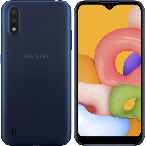삼성 Samsung Galaxy A01 (16GB, 2GB RAM) 5.7 Infinity-V, Dual Rear Camera, Snapdragon 439, US & Global 4G LTE GSM Unlocked A015M/DS - International Model (Blue, 64GB SD Bundle)
