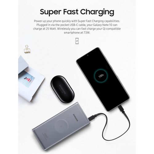 삼성 SAMSUNG 10,000 mAh Super Fast 25W Portable Wireless Charger Charger Battery Pack USB-C, Silver (US Version with Warranty) (EB-U3300XJEGUS)