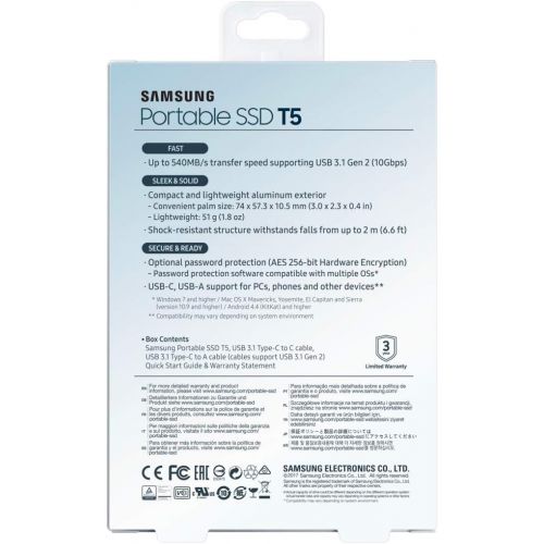 삼성 Samsung T5 500GB USB 3.1 Pocket Size Portable External SSD (Blue)