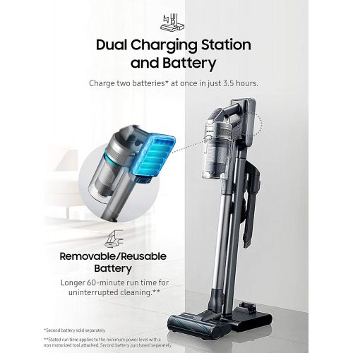 삼성 Samsung Jet?90?Stick Cordless Lightweight Vacuum Cleaner with Removable Long Lasting Battery and 200 Air Watt Suction Power, Complete with Telescopic Pipe, Titan Silver