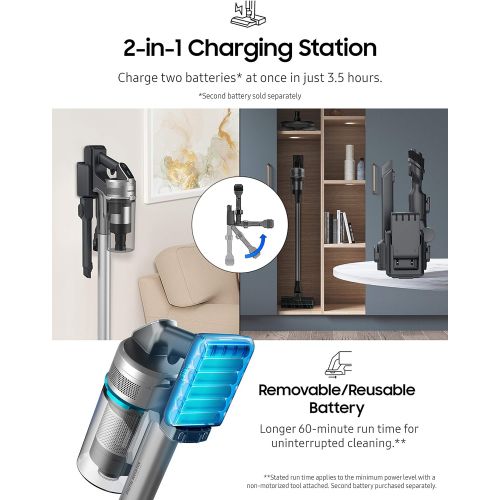 삼성 Samsung Jet 75 Stick Cordless Lightweight Vacuum Cleaner with Removable Long Lasting Battery and 200 Air Watt Suction Power, Complete with 180 Deg Swivel Brush, Titan Silver