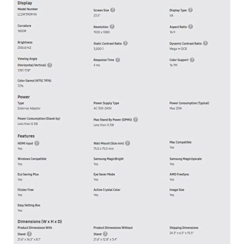 삼성 Samsung LC24F390FHNXZA 24-inch Curved LED Gaming Monitor (Super Slim Design), 60Hz Refresh Rate w/AMD FreeSync Game Mode