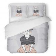 SanChic Duvet Cover Set Animal of Bunny Girl Dressed Up in Hipster Decorative Bedding Set with 2 Pillow Cases Full/Queen Size