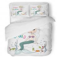 SanChic Duvet Cover Set Princess Mermaid Cute Girl Beautiful Cat Graphic Love Decorative Bedding Set with Pillow Case Twin Size