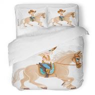 SanChic Duvet Cover Set Brown Cute Little Girl in Cowboy Suit Riding Decorative Bedding Set with 2 Pillow Cases Full/Queen Size
