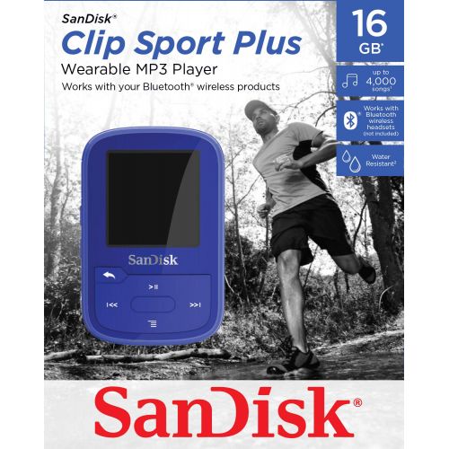 샌디스크 SanDisk 16GB Clip Sport Plus MP3 Player, Blue - Bluetooth, LCD Screen, FM Radio - SDMX28-016G-G46B