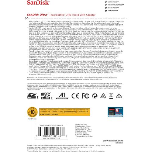 샌디스크 [아마존베스트]SanDisk 32GB Ultra microSDHC UHS-I Memory Card with Adapter - 98MB/s, C10, U1, Full HD, A1, Micro SD Card - SDSQUAR-032G-GN6MA