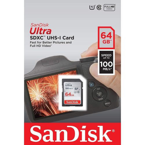 샌디스크 SanDisk Ultra 64GB SD Memory Card for Fujifilm Camera Works with X-T30, X-T3, X-H1, GFX 50R, X-Pro3 Class 10 UHS-I (SDSDUNR-064G-GN6IN) Bundle with 1 Everything But Stromboli Micro