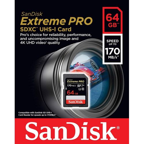 샌디스크 SanDisk Extreme Pro 64GB SD Card for Fujifilm Camera Works with X-T200, X-Pro3, X-A7, X100V, X-T4 Class 10 (SDSDXXY-064G-GN4IN) Bundle with (1) Everything But Stromboli 3.0 SD Memo