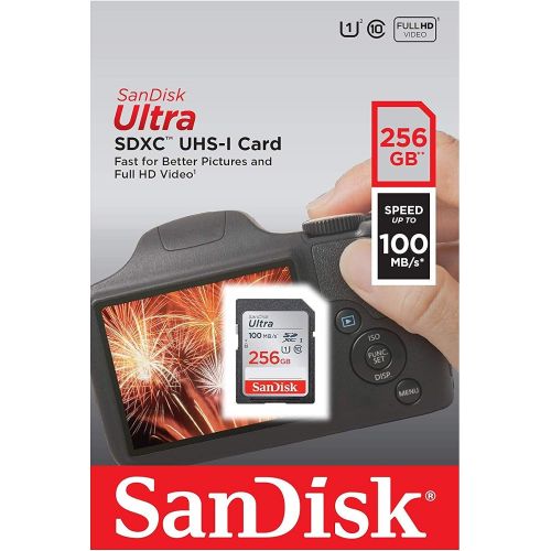 샌디스크 SanDisk Ultra 256GB SD Memory Card for Fujifilm Camera Works with X-T30, X-T3, X-H1, GFX 50R, X-Pro3 Class 10 UHS-I (SDSDUNR-256G-GN6IN) Bundle with 1 Everything But Stromboli Micr