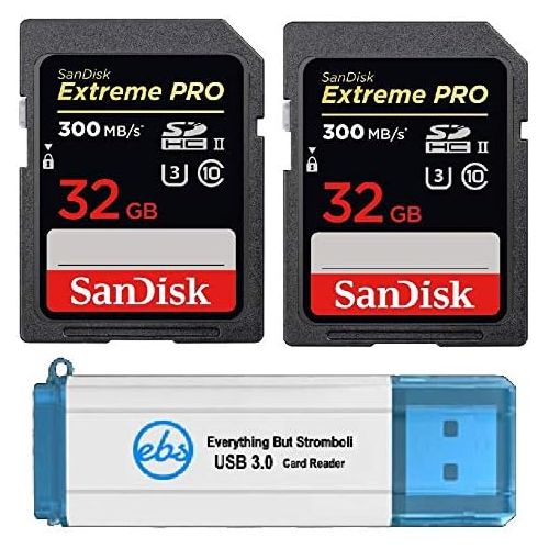 샌디스크 SanDisk 32GB SDHC SD Extreme Pro UHS-II Memory Card (Two Pack) 300MB/s 4K V30 U3 (SDSDXPK-032G-ANCIN) Bundle with (1) Everything But Stromboli 3.0 Card Reader