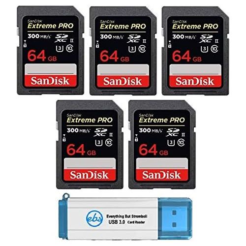 샌디스크 SanDisk 64GB SDXC SD Extreme Pro UHS-II Memory Card (Five Pack) 300MB/s 4K V30 U3 (SDSDXPK-064G-ANCIN) Bundle with (1) Everything But Stromboli 3.0 SD and Micro Card Reader
