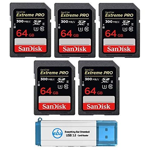 샌디스크 SanDisk 64GB SDXC SD Extreme Pro UHS-II Memory Card (Five Pack) 300MB/s 4K V30 U3 (SDSDXPK-064G-ANCIN) Bundle with (1) Everything But Stromboli 3.0 SD and Micro Card Reader