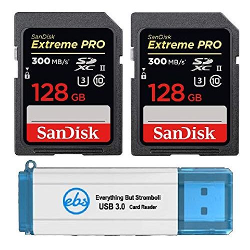 샌디스크 SanDisk 128GB SDXC SD Extreme Pro UHS-II Memory Card (Two Pack) 300MB/s 4K V30 U3 (SDSDXPK-128G-ANCIN) Bundle with (1) Everything But Stromboli 3.0 Card Reader