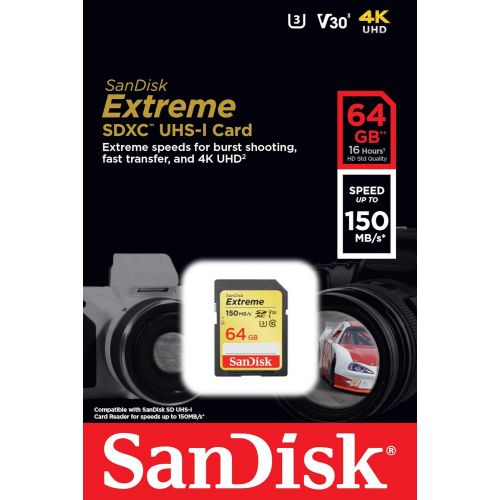 샌디스크 SanDisk 64GB Extreme SDXC UHS-I Card - C10, U3, V30, 4K UHD, SD Card - SDSDXV6-064G-GNCIN, Black