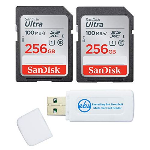 샌디스크 SanDisk 256GB SDXC SD Ultra Memory Card (Two Pack) Works with Canon EOS Rebel T7, Rebel T6, 77D Digital Camera Class 10 (SDSDUNR-256G-GN6IN) Bundle with (1) Everything But Strombol