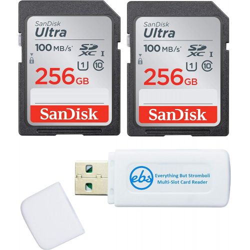 샌디스크 SanDisk 256GB SDXC SD Ultra Memory Card (Two Pack) Works with Canon EOS Rebel T7, Rebel T6, 77D Digital Camera Class 10 (SDSDUNR-256G-GN6IN) Bundle with (1) Everything But Strombol