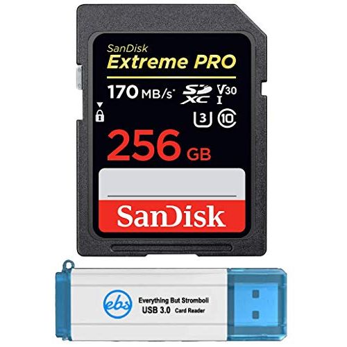 샌디스크 SanDisk Extreme Pro 256GB SD Card SDXC UHS-I for Cameras Works with Nikon D3500, D7500, D5600 (SDSDXXY-256G-GN4IN) 4K UHD Video Class 10 Bundle with (1) Everything But Stromboli 3.